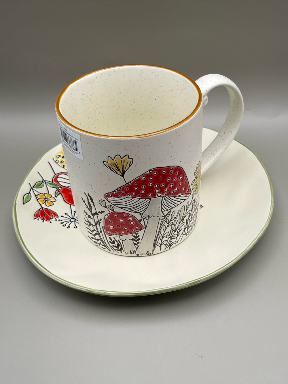 Spectrum Designz Speckled Ceramic Oversized Mug & Saucer Set w/ Red Mushroom Art - Picture 8 of 10